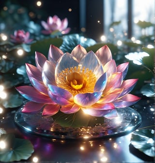 The camera is focused on a clear glass round window. In the center of the window is a fully open lotus flower, illuminated by the sun, making the flower gleam beautifully,glass shiny style,DonMM4g1cXL 