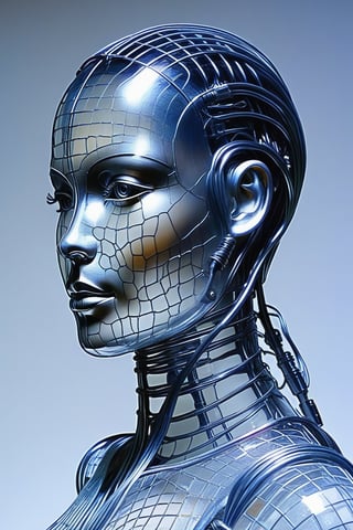 create a cyborg, robot, whimsical, bizarre, random, something marvelous,Clear Glass Skin,wire sculpture