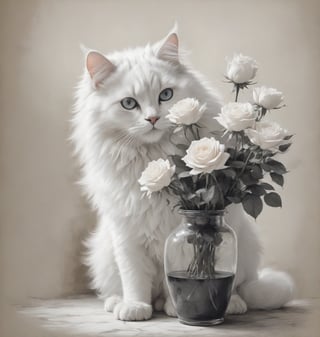 please create a flower vase sitting on the floor, with black and white roses inside it, a pure white fluffy cat sits beside it,Sketch
