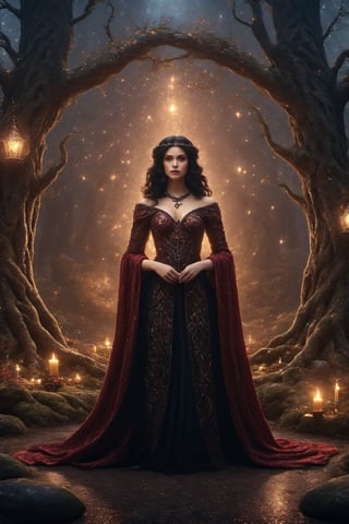 A beautiful witch wearing red robe, looking at the camera on a starry night,her jet black hair hangs over her shoulders in an enchanting forest, her hands are at her side,  she stands in front of a fire, other witches sit around it, surrounded by mystical atmosphere and magical ambiance, glitters, glowing particles, misty. (masterpiece, top quality, best quality, official art, beautiful and aesthetic:1.2), (1girl:1.4), upper body, blonde hair, portrait, extreme detailed, fantasy art, intricate arcane wiccan designs, ,yennefer ,garter straps,glitter,fairytale