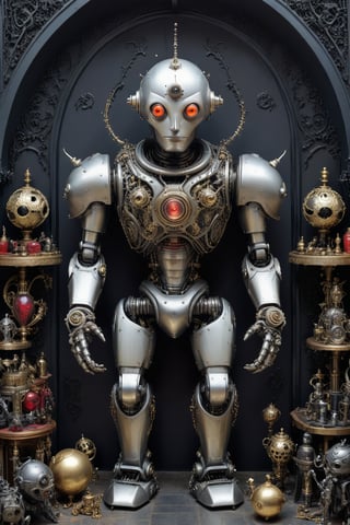 A gothic robot creation, surrounded by ornate, otherworldly objects,Gothic,more detail XL