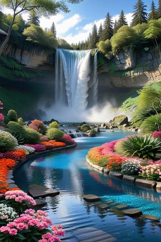 create me the most beautiful picturesque scene, I want waterfalls, trees, flowers, blue skies, I want perfection,glitter,3l3ctronics