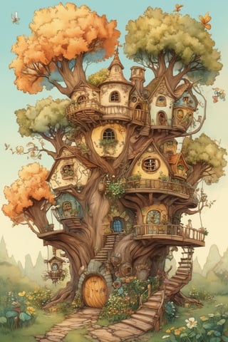 create an image of a big tall busy whimsical treehouse, there are windows and doors, a winding staircase windfs up the side of the tree, there are little flower gardens around and grass 