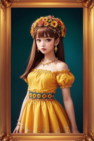 create a frame made of flowers, insdie the frame is a wpmens face, wearing a yellow dress, her hair is straight and framed around her face, texture,,,beaded flower,3va,circleframe