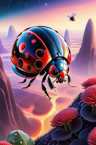 an alien  ladybug, flying in the air, sorrounded by alien landscape