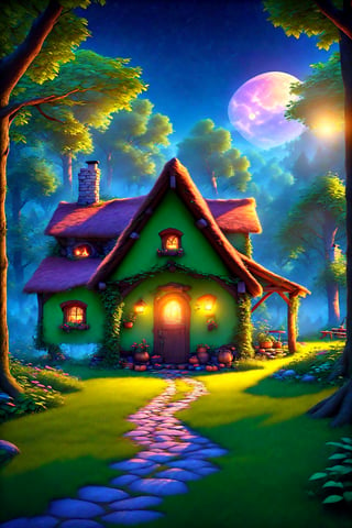 A tranquil, serene scene unfolds with a small country cottage nestled in the forest. Evening descends, stars and moonlight filter through the forest canopy, while smoke wisps from the fireplace through the cottage's chimney. Firewood is neatly stacked, the vegetable gardens are flourishing, and the apple trees are laden with fruit.,Looking at the sky,BugCraft