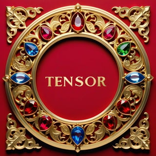 in the middle the text is to read "Tensor " lettring on bold and gold, 
around the edges is filled with stunning colourful  gems, the text is red