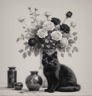 please create a flower vase sitting on the floor, with black and white roses inside it, a pure black fluffy cat sits beside it,Sketch