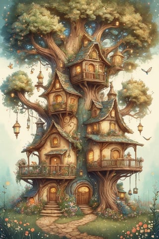 create an image of a big tall busy whimsical treehouse, there are windows and doors, a winding staircase windfs up the side of the tree, there are little flower gardens around and grass ,glitter