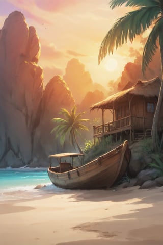 close up angle of, a serene tropical sandy beach, wavy wave, palm trees, beach vaggies, shall and plant, and boat, ((zoom focus on boat)), old simple rustic old wooden house, sunset background, detailed background, surrounded by jungle, insect, detailed focus, deep bokeh, beautiful, dark cosmic background. Visually delightful , 3D, more detail XL,chibi,2d game scene,painted world