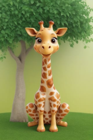 a hilarious and whimsical digital illustration of a cute giraffe sitting on grass with under a tree with an uproarious and comical expression, sure to bring laughter and joy, perfect for humorous posters and greeting cards
 ,strwbrrxl