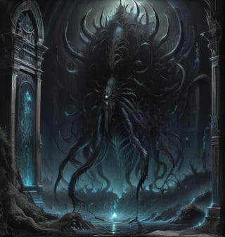 hyper-detailed,  photorealistic, ultra photoreal, cinematic shading Lovecraftian monster with tentacles standing in an abandoned, old, deteriorating large mansion with lots of spiderwebs, scary atmosphere, gloomy, blue tinted 
,zavy-hrglw,Obsidian Enigma Art Style,CharcoalDarkStyle,dark anime