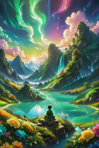 create a scene of serenity and peace, colour everywhere, thr brightest green, the most colourful flowers, be at peace with ones self,fantasy00d,fancy light,Mountains,Furry,CHIBI