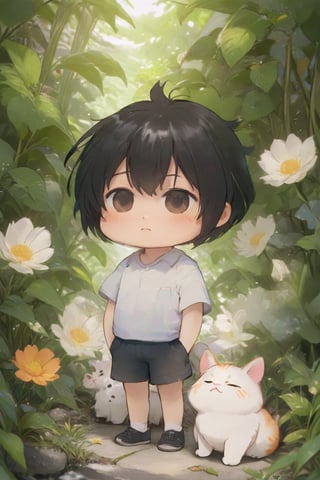 little boy standing next to cute fat cat,black hair,long hair, summer day, symmetry face, niji style, ghibli style,XP,cat,chibi