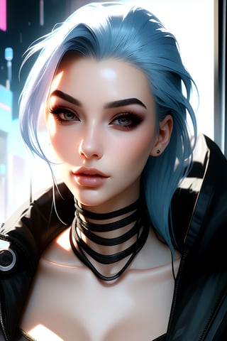 A stunning cyberpunk girl with perfect facial features—captivating eyes, a flawless nose, and alluring lips. Her look is a blend of futuristic style and edgy sophistication, epitomizing the essence of cyberpunk beauty, ,photo r3al,JinxKaryln,Cyberpunk ,gpts style