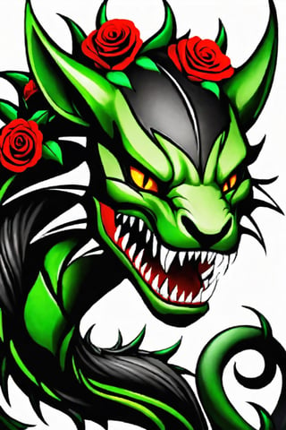 vines of thorns and red and black roses imprison a creature with blazing green eyes, snarling, sharp teeth showing