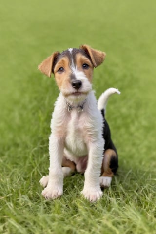  create a litter of cute little mixed colour fox terrier puppies, just siting on the grass