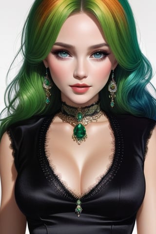 ((full frontal)), ((a perfect face, eyes and lips and nose)) you wish she was human,with hair of rianbow colours,  wearing a dress made of black velvet, emerald jewels