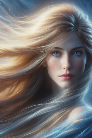 Generate hyper realistic image of a beautiful woman with long flowing hair, gazing directly at the viewer with serene blue eyes. Her parted lips hint at a subtle expression of tranquility, and realistic freckles grace her nose. This portrait captures the essence of a calm and captivating moment.,colorful,more detail XL,ct-niji3,DonMB4nsh33XL ,DonMM4g1cXL ,DonM3l3m3nt4lXL