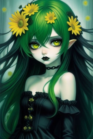 Create an close up of a female with long, green hair flowing, a few yellow little daisies ar in her hair, wearing a black strapless dress, her eyes a reflection of her soul,fflixmj6,goth person