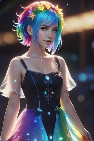 just something random,Rainbow haired girl ,bioluminescent dress