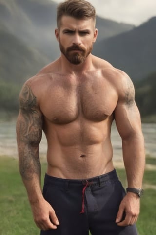 create a hot buff man, no short, tight pants, he has a full beardans moustache, has tattoos on his arms, Handsome male