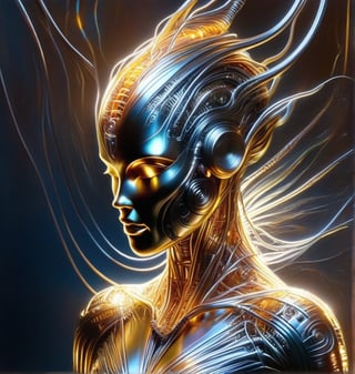 Please create a masterpiece, stunning beauty, perfect face, epic love, Slave to the machine, full-body, hyper-realistic oil painting, vibrant colors, Body horror, wires, biopunk, cyborg by Peter Gric, Hans Ruedi Giger, Marco Mazzoni, dystopic, golden light, perfect composition, col,DonMX3n0T3chXL,DonMCyb3rN3cr0XL ,DonMD347hM374lXL ,wire sculpture,DonM0m3g4XL