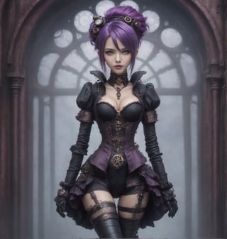((steampunk, gothic & cyborg combination, with purple hair)) ((full body shot)), ornate surroundings, victorian era, unique looking, goth person,c1bo,ANIME GIRL