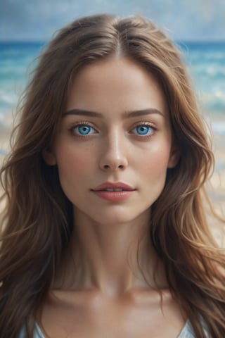 Generate hyper realistic image of a beautiful woman with long flowing hair, gazing directly at the viewer with serene blue eyes. Her parted lips hint at a subtle expression of tranquility, and realistic freckles grace her nose. This portrait captures the essence of a calm and captivating moment.,colorful,more detail XL
