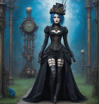 ((steampunk, gothic & cyborg combination, with vibrant blue)) ((full body shot)), ((black outfit)), ornate garden 
 surroundings, victorian era, unique looking, goth person,c1bo,ANIME GIRL,Devasted landscape ,steampunk