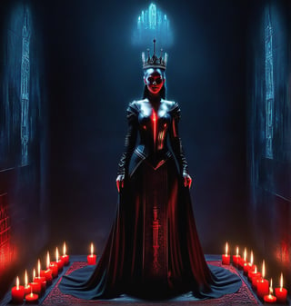 Dark Queen in her castle, candles burn all around, red banners with pictures of ddemons are on them ,darkart,DGQMGirl2XL,CharcoalDarkStyle,DonMQu4n7umZ3r0XL 