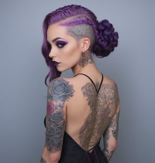 create an image of a women standing with her back to the cmaera but she is looking over shoulder, she purple goth make up on, her long purple braided hair is os over her shoulder, she is wearing a backless dress and she has filagree and rose tattoos on her back and arms