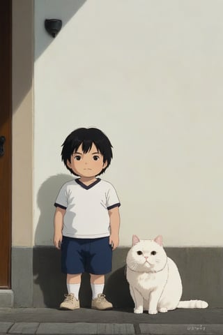little boy standing next to cute fat cat,black hair,long hair, summer day, symmetry face, niji style, ghibli style,XP,cat,chibi,Ghiblistyle