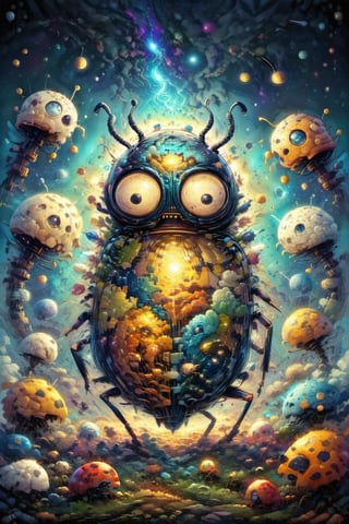 create a whimsical happy funny piece of art,BugCraft,gloomy,more detail XL,DonM8u663dXL