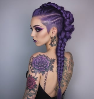 create an image of a women standing with her back to the cmaera but she is looking over shoulder, she purple goth make up on, her long purple braided hair is os over her shoulder, she is wearing a backless dress and she has filagree and rose tattoos on her back and arms
