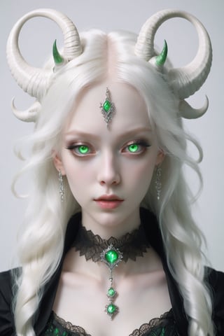 A stunning albino demon princess, dressed in her finest attire and jewelry, gazes at you with large, luminous green eyes. Her intricate horns rise majestically from her head, embodying nothing but perfection.
,goth person,epicDiP,DonMM1y4XL, full body, 