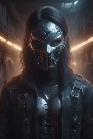 chrome combined with dark fantasy, in a high tech room ,Skull mask,Face