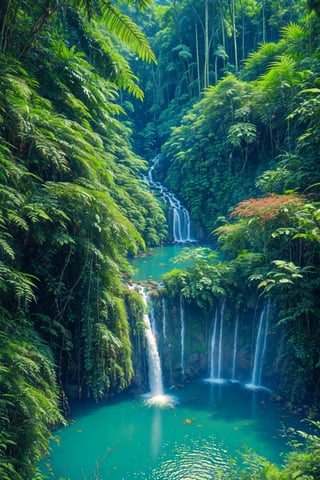 Nestled deep in the rainforest, there is an opening between a forest of trees that lead you to an deep spring of fresh water that is filled from the high beautilf radiant waterfall that falls from above,More Detail, colorful_sty,Nature