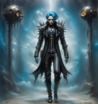 ((steampunk, gothic & cyborg combination, with vibrant blue)) ((full body shot)), ((black outfit)), unique looking, goth person,c1bo, steampunk,DonMB4nsh33XL ,scenery