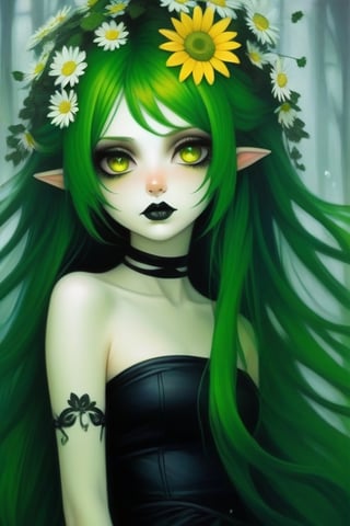 Create an close up of a female with long, green hair flowing, a few yellow little daisies ar in her hair, wearing a black strapless dress, her eyes a reflection of her soul,fflixmj6,goth person
