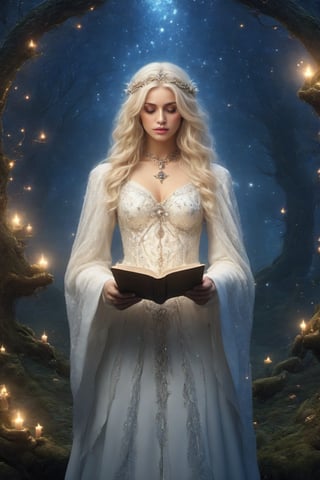 A beautiful witch wearing white robe, reading a grimoire in a starry night, in an enchanting forest, surrounded by mystical atmosphere and magical ambiance, glitters, glowing particles, misty. (masterpiece, top quality, best quality, official art, beautiful and aesthetic:1.2), (1girl:1.4), upper body, blonde hair, portrait, extreme detailed, fantasy art, intricate arcane wiccan designs, ,yennefer ,garter straps,glitter,fairytale