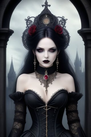 In this portrait, the stunning figure of a woman stands as a perfect blend of Gothic and steampunk aesthetics. She is dressed in a long, black lace strapless dress that hugs her form, flowing down in intricate patterns and trailing gracefully behind her. The dress is detailed with subtle steampunk elements like small, bronze gears and clockwork motifs interwoven with the lace, adding a unique twist to her Gothic elegance.

Her skin is porcelain pale, contrasting sharply with her dark attire. Her eyes are accentuated with smoky, dramatic makeup, and her lips are painted a deep, alluring crimson. Her hair, perhaps jet black or a dark, rich shade, is styled in a way that nods to both Gothic romance and Victorian steampunk—perhaps in elaborate curls or adorned with tiny metallic accessories.

The background is an otherworldly scene, perfectly fitting the early Gothic era aesthetics. Ancient, towering cathedrals with intricate stone carvings and pointed arches loom behind her. The sky is a dramatic swirl of stormy grays and purples, casting an eerie yet beautiful light over the scene. Flickering gas lamps line cobblestone streets, and there are hints of steam-powered machinery—like a distant airship or a mechanical clock tower—integrated seamlessly into the Gothic architecture.
The overall effect is one of utter perfection, combining the dark romance and intricate detail of Gothic style with the inventive and mechanical charm of steampunk. The portrait captures a moment that is both timeless and fantastical, evoking a sense of mystery, beauty, and power.,goth person,DonMF43XL