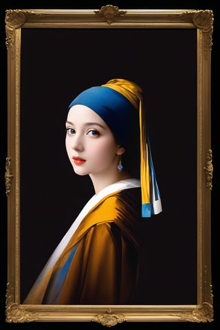 black background, 1girl, classic art frame