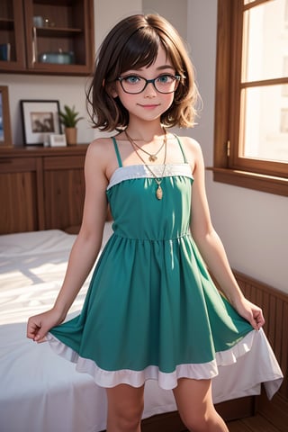 masterpiece, best quality, 3D rendering, 3DMM style, long shot, sportrait, 3D, 1girll 8 years old smile, wearing glasses, Solo, （Brunette long hair 3.2）, necklace, freckle, jewelry, Look at the camera realistically, full body , (dress with elanur script) Plain background and white, with edges, looking away, short hair, parted lips, green eyes, necklace, 
BİLGİ elanur written dress