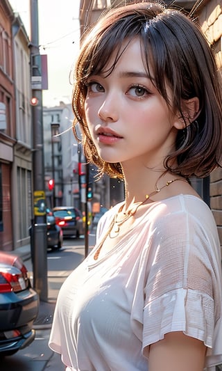 create a portrait of a European woman with a beautiful face and supermodel figure, showing her elegance and temperament on the street, creating a strong contrast with the street image behind her.purple short hair, dark blue eyes, blue, pink face makeup, white loose t-shirt, create a full body image, create earrings in her ears and a modest necklace around her neck

((Masterpiece, Best Quality)) ultra-high resolution pictures, crystal transparency, vivid artwork
super real, photography style, realistic style, cinematic filmmaker style,Godzilla,horror (theme),stworki