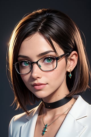 masterpiece, best quality, 3D rendering, 3DMM style, Close-up, sportrait, 3D, 1girll, smile, wearing glasses, Solo, （Brunette long hair 3.2）, choker necklace, freckles, jewelry, Look at the camera realistically, Your body top part, （White suit 1.2）Simple background and white, edged, looking away, short hair, parted lips, green eyes, gothic, necklace, making up
INFORMATION