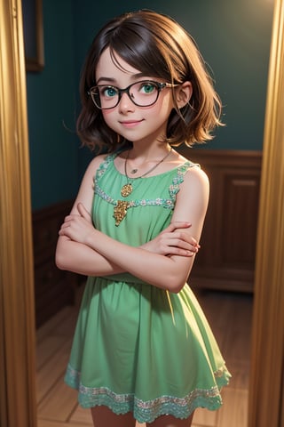 masterpiece, best quality, 3D rendering, 3DMM style, long shot, sportrait, 3D, 1girll 8 years old smile, wearing glasses, Solo, （Brunette long hair 3.2）, necklace, freckle, jewelry, Look at the camera realistically, full body , (dress with elanur script) Plain background and white, with edges, looking away, short hair, parted lips, green eyes, necklace, 
BİLGİ elanur written dress