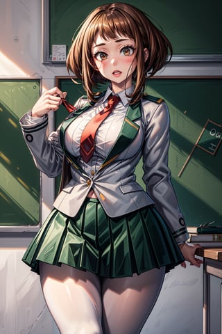 realistic anime style, highly detailed, detailed anime art, extremely detailed, detailed anime artwork, realistic anime, sfw, (full shot), 1girl, solo, uraraka ochako from Boku no hero, hmochako, sexy pose, (narrow waist, wasp waist, wide hips, big thighs, big butt, big breasts, big tits, hourglass shape, curvy, voluptuous, sexy, Detailedface, short hair, brown hair, brown eyes, schoolgirl, school uniform, green skirt, pleated skirt, red necktie, black pantyhose, tights, white shirt, long sleeves, grey jacket, detailed background, classroom), blush stickers,medium breasts