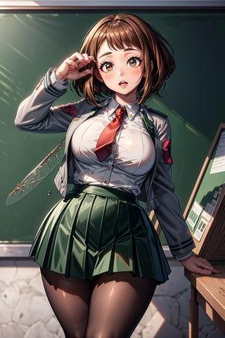 realistic anime style, highly detailed, detailed anime art, extremely detailed, detailed anime artwork, realistic anime, sfw, (full shot), 1girl, solo, uraraka ochako from Boku no hero, hmochako, sexy pose, (narrow waist, wasp waist, wide hips, big thighs, big butt, big breasts, big tits, hourglass shape, curvy, voluptuous, sexy, Detailedface, short hair, brown hair, brown eyes, schoolgirl, school uniform, green skirt, pleated skirt, red necktie, black pantyhose, tights, white shirt, long sleeves, grey jacket, detailed background, classroom), blush stickers,medium breasts