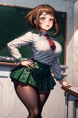 realistic anime style, highly detailed, detailed anime art, extremely detailed, detailed anime artwork, realistic anime, sfw, (full shot), 1girl, solo, uraraka ochako from Boku no hero, hmochako, sexy pose, (narrow waist, wasp waist, wide hips, big thighs, big butt, big breasts, big tits, hourglass shape, curvy, voluptuous, sexy, Detailedface, short hair, brown hair, brown eyes, schoolgirl, school uniform, green skirt, pleated skirt, red necktie, black pantyhose, tights, white shirt, long sleeves, grey jacket, detailed background, classroom), blush stickers,medium breasts